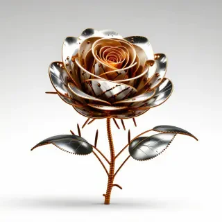 A single metal rose. The stem is made out out dozens of copper wires bound together and the flower is made of small gears and sheets of silver metal