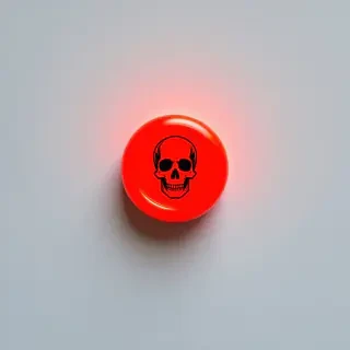 A red glowing button with an painted image of a black skull on the top side of the button