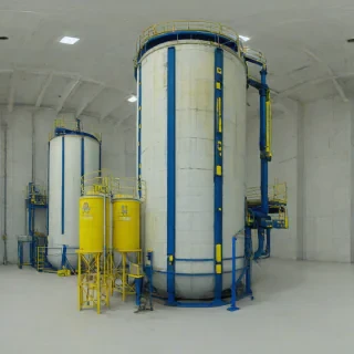Dieselpunk grain silo with bright blue accents and bright yellow highlights on a plain white background, even lighting, on a plain white background, even lighting