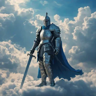 A knight made out of clouds, full-body view, standing on a cloud background, with clouds engulfing its entire body, including its armor and sword, in a digital art style with vibrant blue  hues, and dynamic shadows to emphasize the airy texture, wide shot to capture the knight's majestic presence