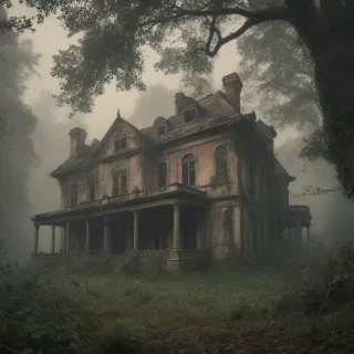 A grand, abandoned mansion with overgrown gardens and a crumbling facade, surrounded by dense woods with tall trees and winding vines, in a wide shot with a misty atmosphere, in the style of a digital painting with warm, muted colors and soft lighting