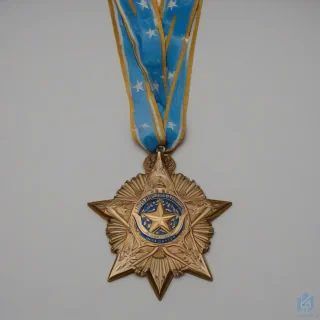 A star shaped medal of honor, gold with a blue ribbon, full-body view, on a plain white background, with intricate details and engravings, wide shot, with the medal centered and the ribbon flowing downwards, on a plain white background, even lighting 