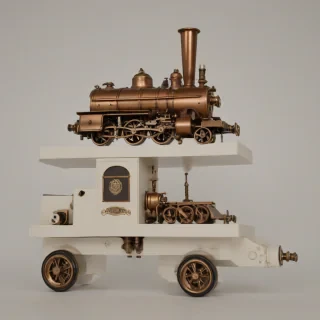 A bronze, dieselpunk-inspired, steam-powered locomotive with intricate copper pipes and brass fixtures, set against a plain white background, in a wide shot with the entire vehicle visible, including the wheels and smokestack, with a warm, golden light casting a slight glow on the metallic surfaces, on a plain white background, even lighting 
