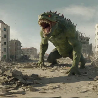 A giant monster, with scaly green skin and sharp teeth, destroying a town in a wide shot, with buildings crumbling and debris flying everywhere, on a plain white background, in a digital art style with dynamic shadows and a backlight