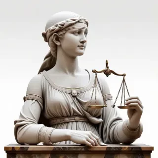 A regal marble statue of a woman wearing a blindfold and holding a scale in front of her