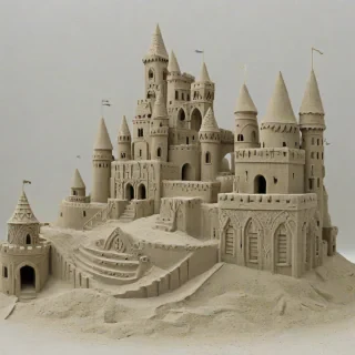intricately designed medieval sand castle, on a plain white background, even lighting