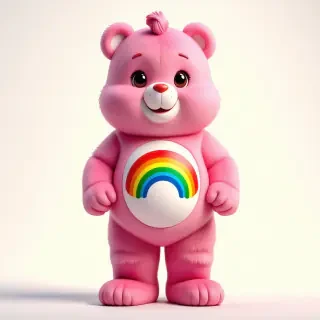 A full-body view of a Cheer Care Bear, a bright pink bear with a rainbow symbol on its belly, standing on a plain white background, with a warm and cozy lighting, in a digital illustration style, with bold lines and vibrant colors, and a wide-angle shot that captures the bear's entire body, from head to toes, with its arms at its sides and a gentle smile on its face