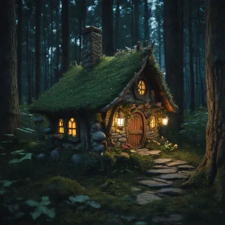 a realistic fairy house in the woods at night