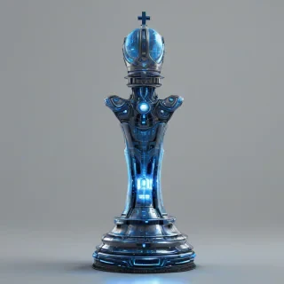 A highly detailed, full-body view of a bishop chess piece, with a futuristic metallic body, glowing blue circuits, and a regal mitre on its head, standing on a plain white background, in a wide shot, with its feet visible, in a digital art style with dynamic shadows and a hard rim light, on a plain white background