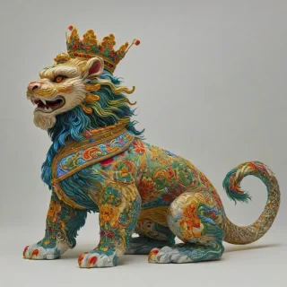 A full-body view of a Chinese guardian lion, in the style of cross-stitch embroidery, with vibrant colors and intricate details, set against a plain white background, with a wide shot and dynamic lighting, and a mix of satin and full stitches, with an ornate golden crown and a majestic expression, on a plain white background, even lighting