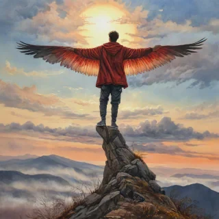 A watercolor painting of a man with extremely baggy clothes, standing on a mountain top with a beautiful sunset and wispy clouds in the background, his wingspan 6 times his height, using the colors red, orange, yellow, and black, with fully formed feathered wings.