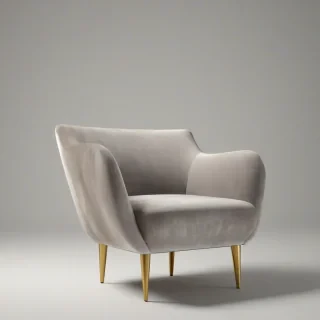 A sleek, modern French contemporary arm chair with a minimalist design, featuring a low-back and sleek metal legs, upholstered in a luxurious velvet fabric with a subtle sheen, placed on a plain white background, in a wide shot with the chair's entire body visible, incorporating a mix of digital art and photography styles, with soft, warm lighting and a shallow depth of field to emphasize the chair's curves and texture, on a plain white background, even lighting 