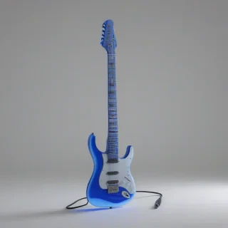 A futuristic, sleek, indigo-colored electric guitar, with neon blue accents, in a wide shot, on a plain white background, with a shallow depth of field, and a subtle gradient effect to give it a sci-fi feel, full-body view, with the guitar's body and neck clearly visible, and the background blurred to emphasize the instrument