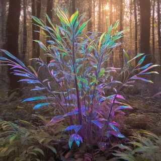 Vibrant, glowing fantasy plant with iridescent leaves and stems, in a wide shot, soft warm lighting, subtle shimmer, amidst a lush forest