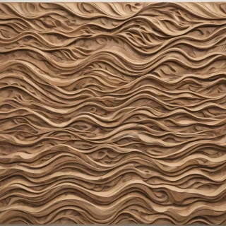 large, approximately 8’ by 4’ rectangular wooden wall panel installation. It features intricate, flowing wave-like patterns carved into the wood, creating a sense of movement and texture. The wood has a natural grain with varying shades of brown, beige, and light tan, giving it a warm and organic appearance. The carving appears to be deep and three-dimensional, with smooth, undulating ridges and valleys that mimic the flow of water or sand dunes., on a plain white background, even lighting