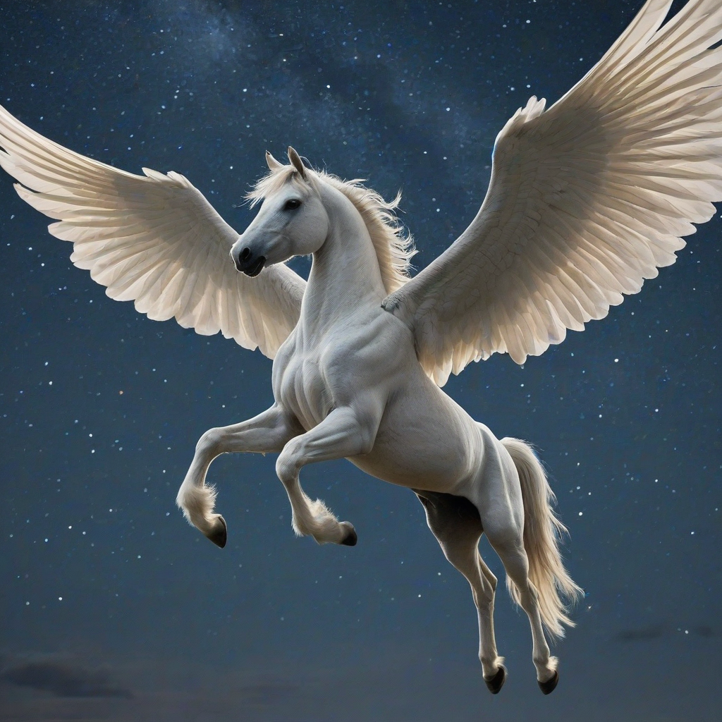 A white pegasus flying in the night sky, with wings spread wide open and they are so large that it can fly, on it's back