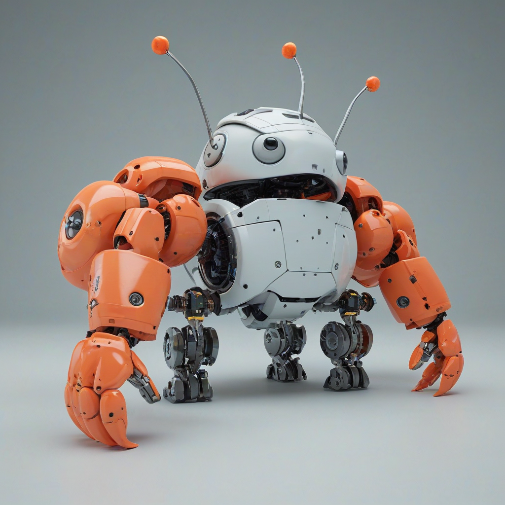 3d cartoon style, salmon colored, shrimp robot, tiny head, large muscular body, on a plain white background, even lighting