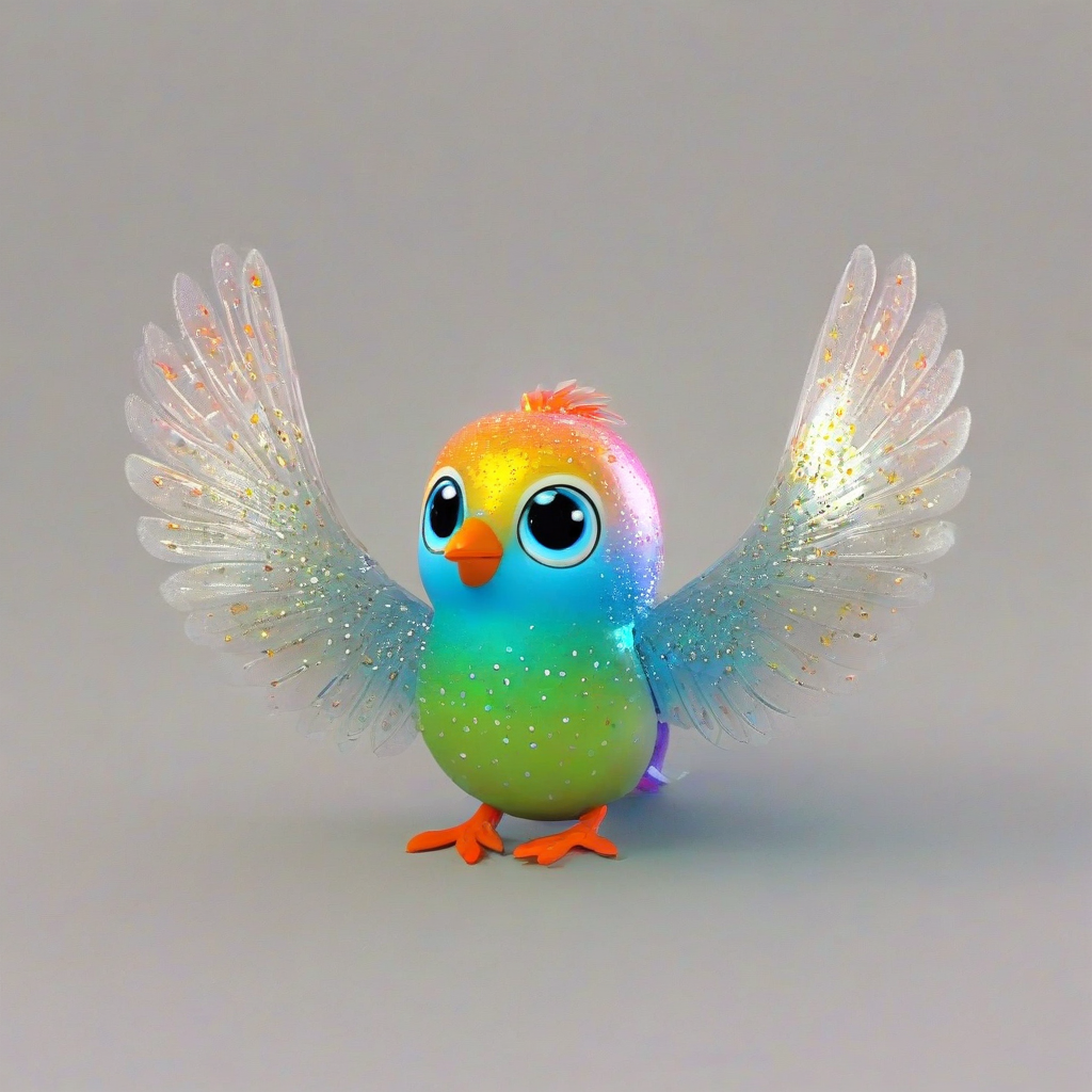 cartoon animation style, lovable, cute, brightly colored bird, short body, rounded features, sweet expression on its face, with delicate, intricately designed wings and a sparkly aura, on a plain white background, even lighting