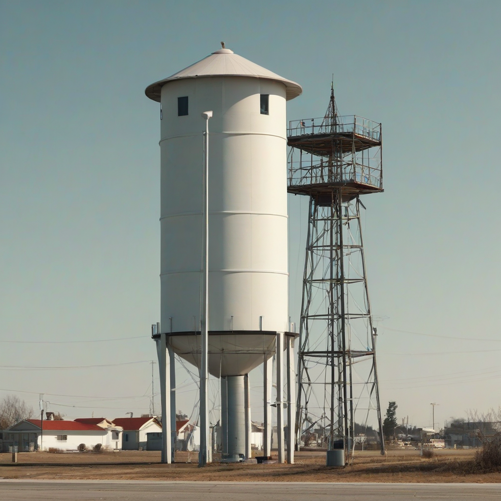 A full-body view of a standalone water tower, with a wide shot, on a plain white background, in a digital illustration style, with vibrant colors and dynamic shadows, and the water tower has a cylindrical shape with a conical roof, and it is surrounded by nothing, with no trees, buildings, or other objects, and the water tower is made of metal, with a silver color, and it has a few windows and a ladder, and the background is a plain white, with no textures or patterns, on a plain white background, even lighting 