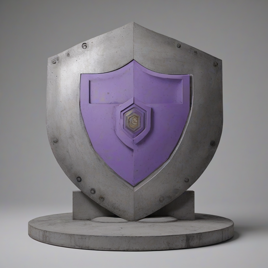 A large, brutalist-style shield with a lavender color scheme, featuring a wide shot of the shield with its base visible, on a plain white background, with a mix of concrete and metallic textures, and a sense of ruggedness and durability, in a digital art style with bold lines and geometric shapes