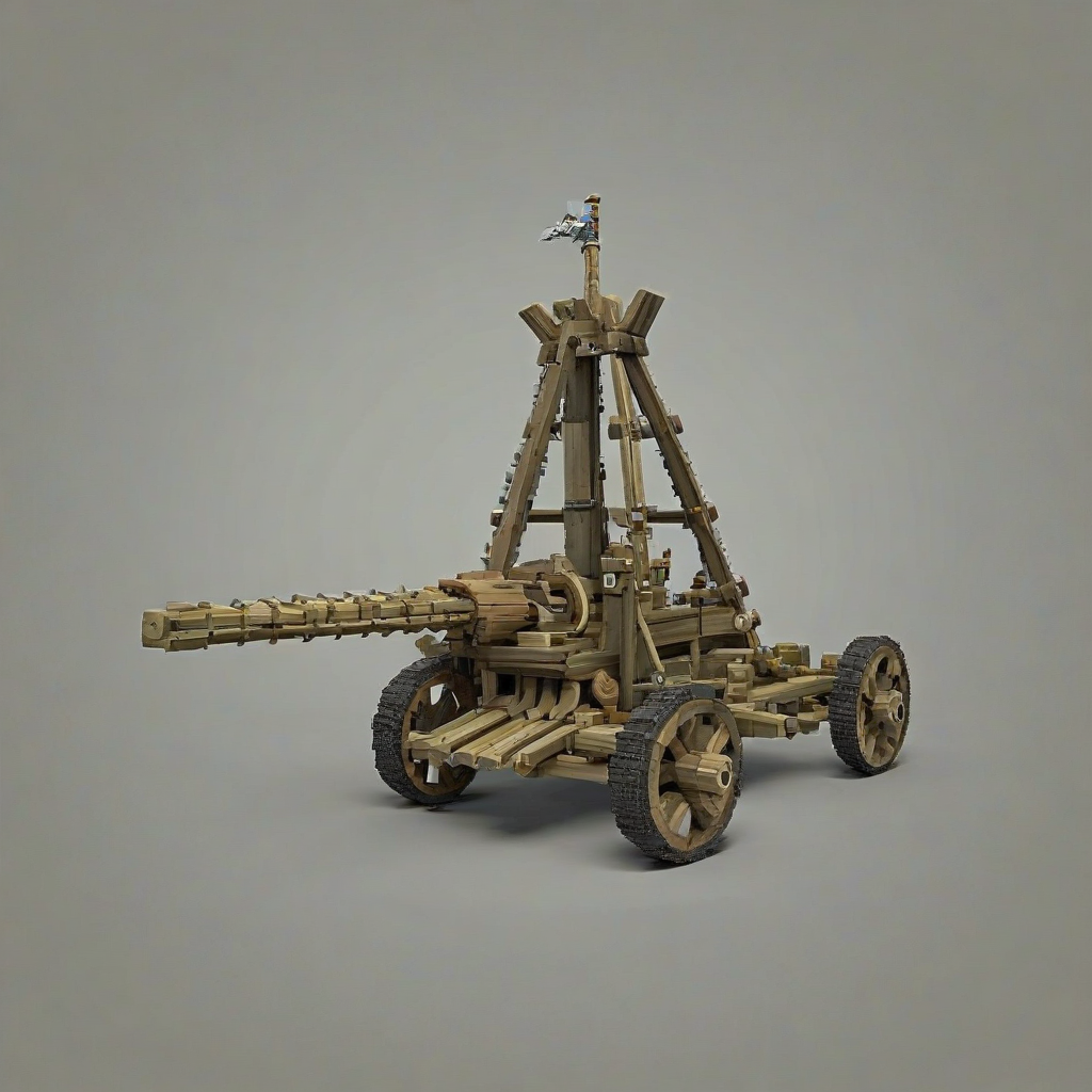 A medieval siege weapon, such as a catapult or trebuchet, in a khaki color scheme, rendered in a pixel art style, with a full-body view and plain white background, featuring a wide shot with the entire weapon visible, including its wheels and throwing arm, with a subtle gradient effect to give it a sense of depth and texture, on a plain white background, even lighting