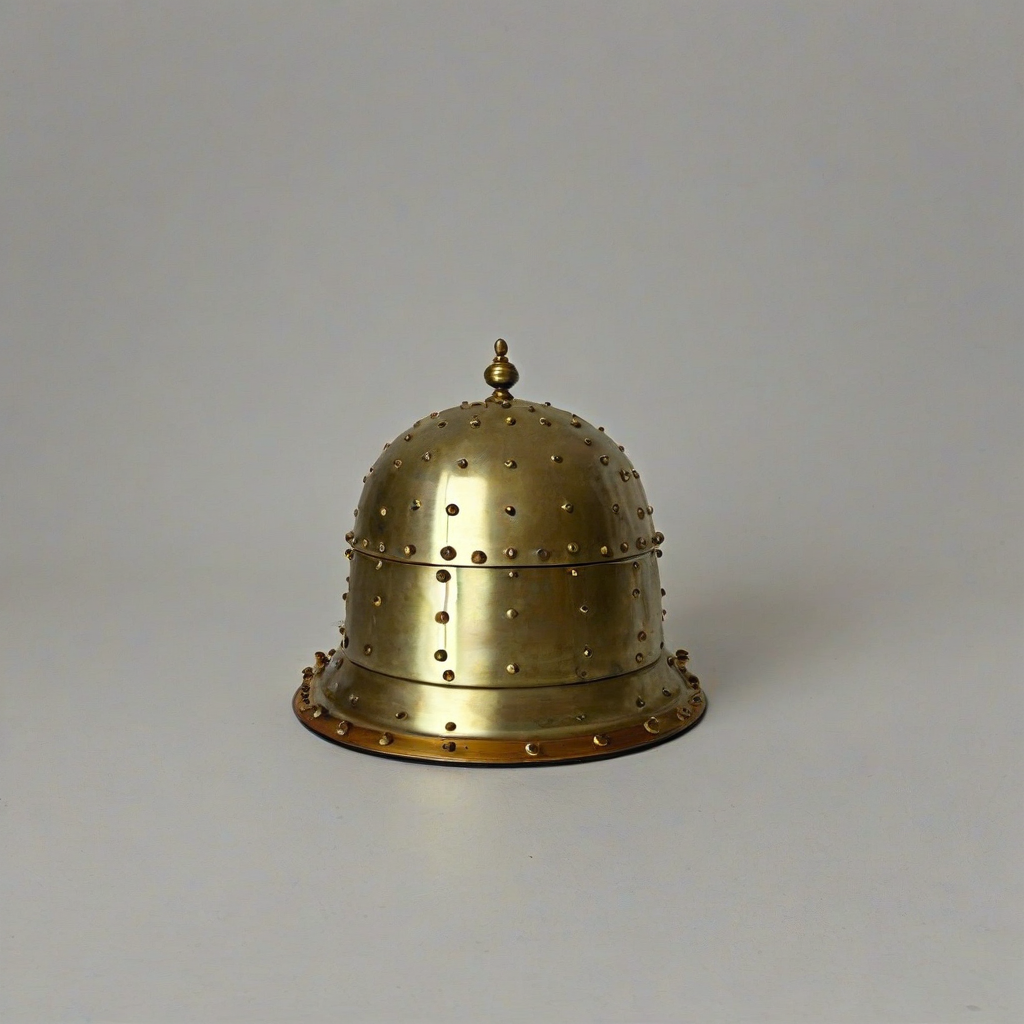 A highly detailed, full-body view, iron cloche with brass rivets around it, with the cloche's surface having a metallic sheen and the brass rivets having a warm, golden color, bright lighting, on a plain white background, even lighting