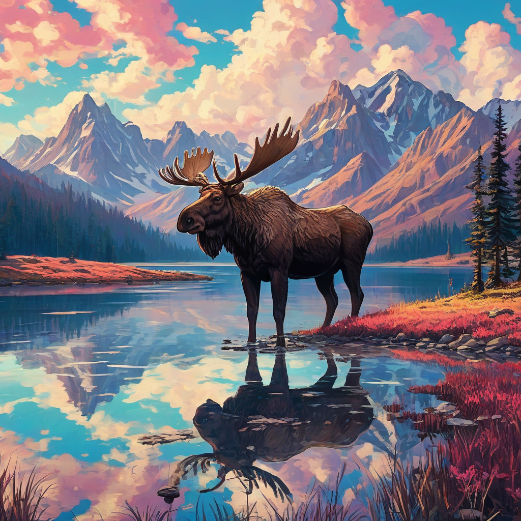 Vibrant psychedelic regal mountain range reflected in still lake, fluffy clouds, digital anime art style, serene moose standing on shore