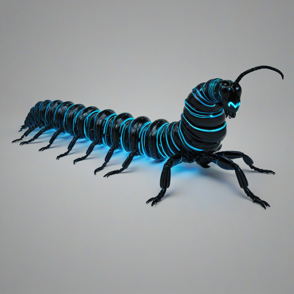 A neon blue and black centipede, full-body view, on a plain white background, with vibrant neon blue accents and a sleek black body, in a wide shot, with all 100 legs visible, in a digital art style