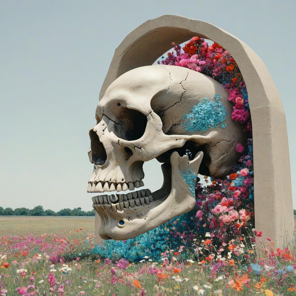A dreamlike surrealist image of a massive skull in profile view with a large, hollowed-out archway in the center, set in a dreamy field with vibrant colors and flowers blooming around it, set on a plain white background.