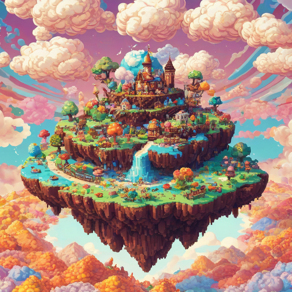 A colorful, vibrant, pixel art style floating island made entirely of chocolate, with a wide shot and full-body view of the island, set against a plain white background, with a bright and airy atmosphere, and a sense of whimsy and fantasy, with a mix of brown and white chocolate textures and swirling patterns, and a few puffy white clouds in the sky