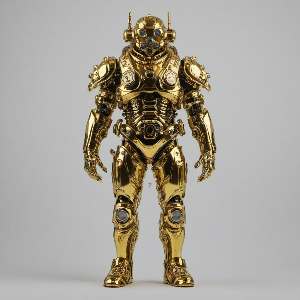 Gold biopunk flag, full-body view, on a plain white background