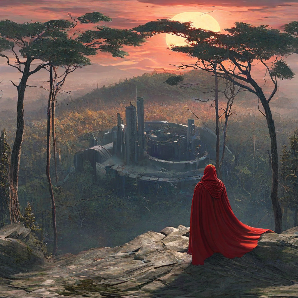 digital art of a lone warrior with a long, flowing, and tattered red cape that is blown by the wind, the lone warrior is looking down at a forest, where there is a high tech facility sitting among the trees, sunrise