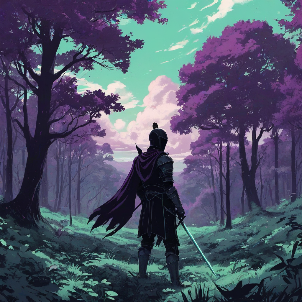 Digital anime art style silhouette of a knight staring at a beautiful forest with dark purple and vibrant mint green trees, with beautiful fluffy clouds above