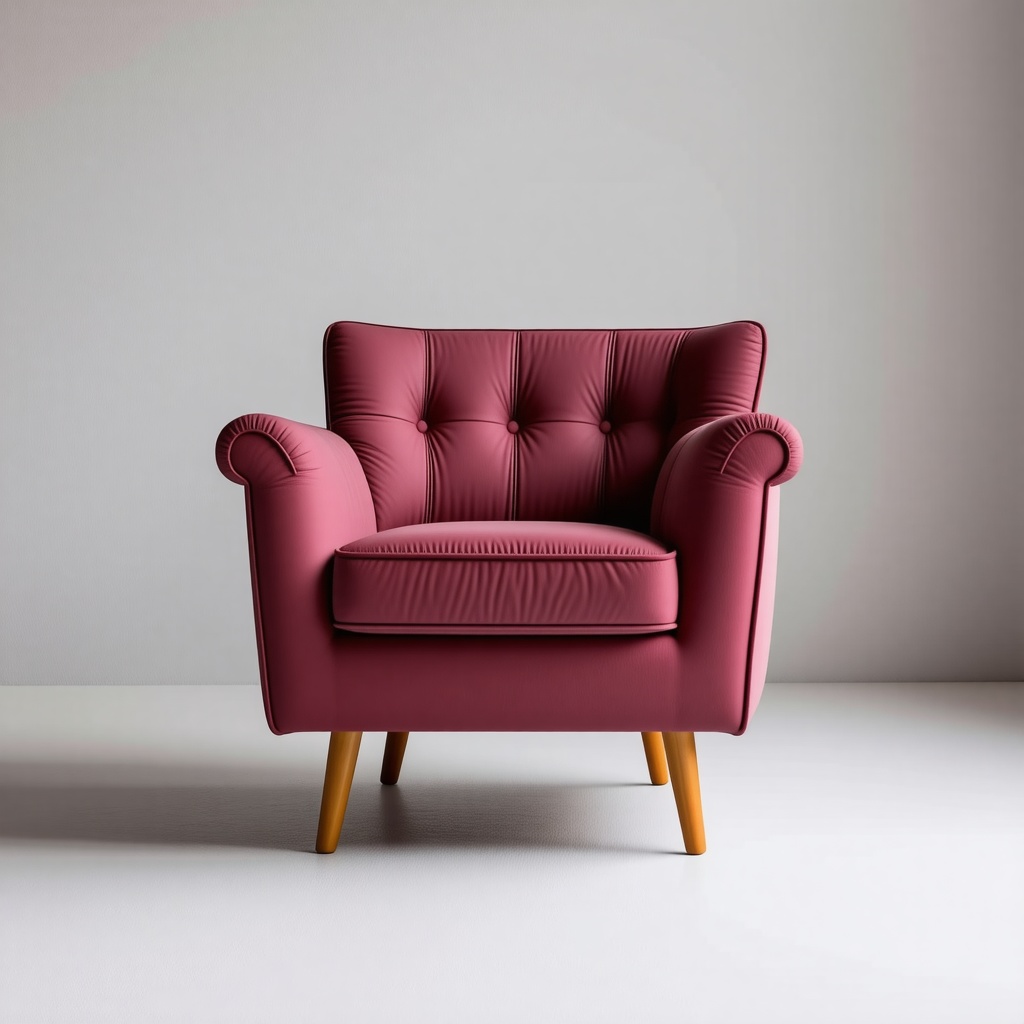A wide shot of a brutalist-style maroon armchair with a sturdy, geometric base, tufted backrest, and a cushioned seat in a pale pink hue, with a light wood base, set against a plain white background, with dramatic shadows and a sense of industrial chic, in the style of a digital illustration