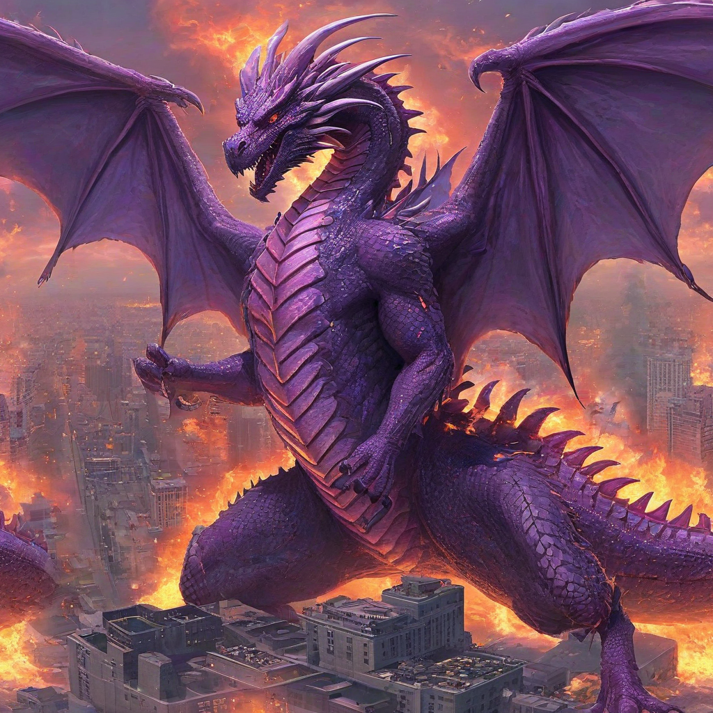 A huge pink and purple dragon with wings so large that it can fly on its back, breathing fire, engulfing a city in flames kaiju style