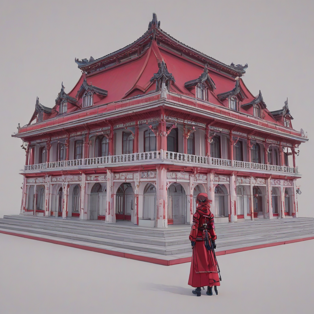 Crimson anime-style building, wide shot, full-body view, on plain white background