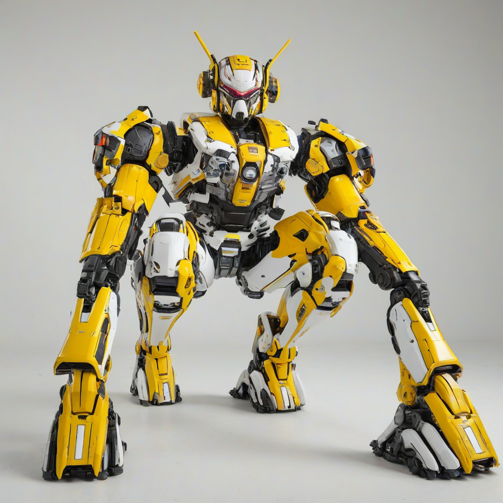 A full-body view of a brightly colored, Pop Art style mech suit, with a dominant mustard yellow color scheme, bold black outlines, and vibrant, graphic details, set against a plain white background, with dynamic shadows and a sense of movement, in a wide-angle shot, with the mech suit's feet visible, on a plain white background, even lighting