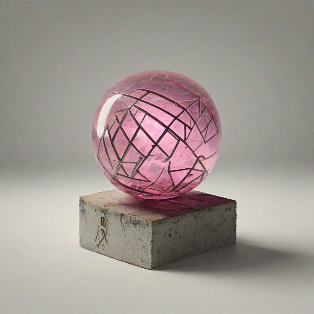 A pink, brutalist-style magical artifact, such as a crystal orb or glowing rune, with sharp geometric lines and a rugged, unfinished texture, set against a plain white background, in a wide shot with the artifact's base visible, lit by a soft, diffused light with deep shadows, in a digital art style with bold brushstrokes and vibrant colors, on a plain white background, even lighting