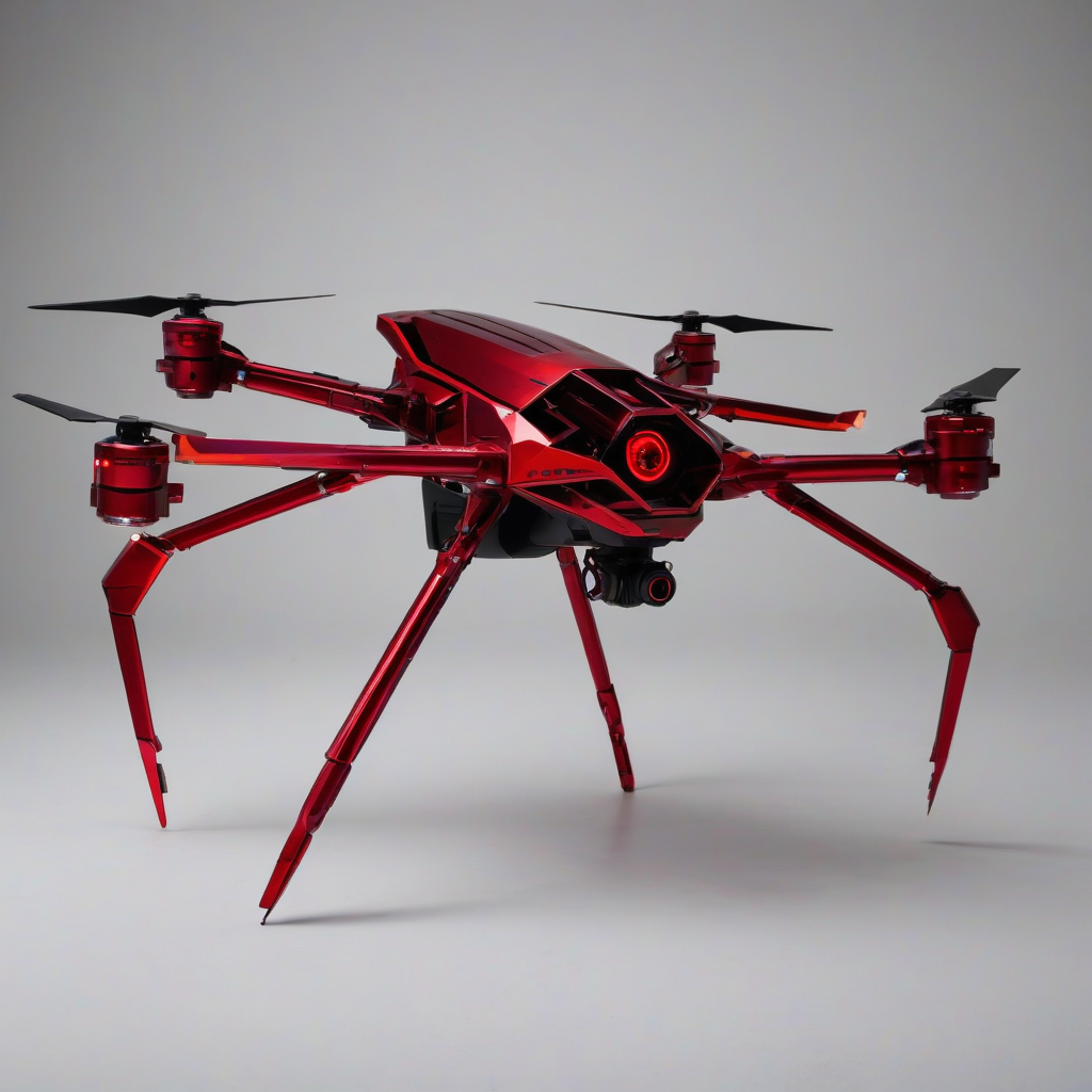 A sleek, red, cyberpunk-themed drone, with metallic accents and neon lights, in a wide shot, full-body view, on a plain white background, with a dark and moody atmosphere, and a sense of high-tech futurism, with sharp lines and geometric shapes, and a bold, vibrant red color scheme, on a plain white background, even lighting 