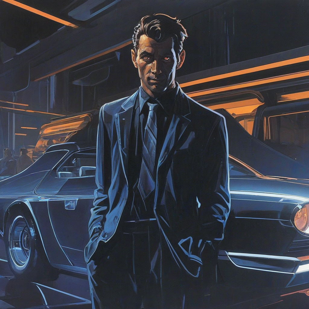 Syd Mead style art of a man with glowing eyes