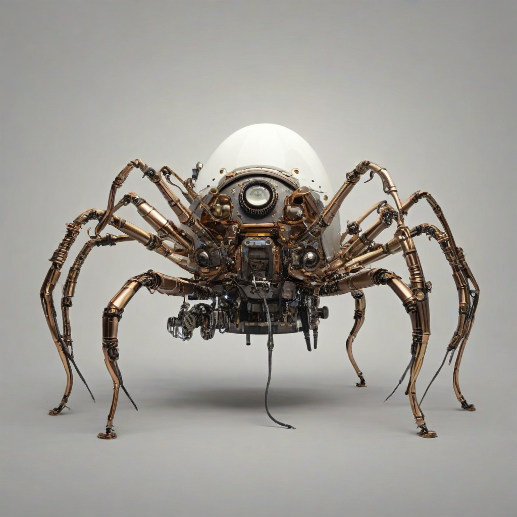 steampunk style pod with mechanical, robotic, extending spider legs, on a plain white background, even lighting