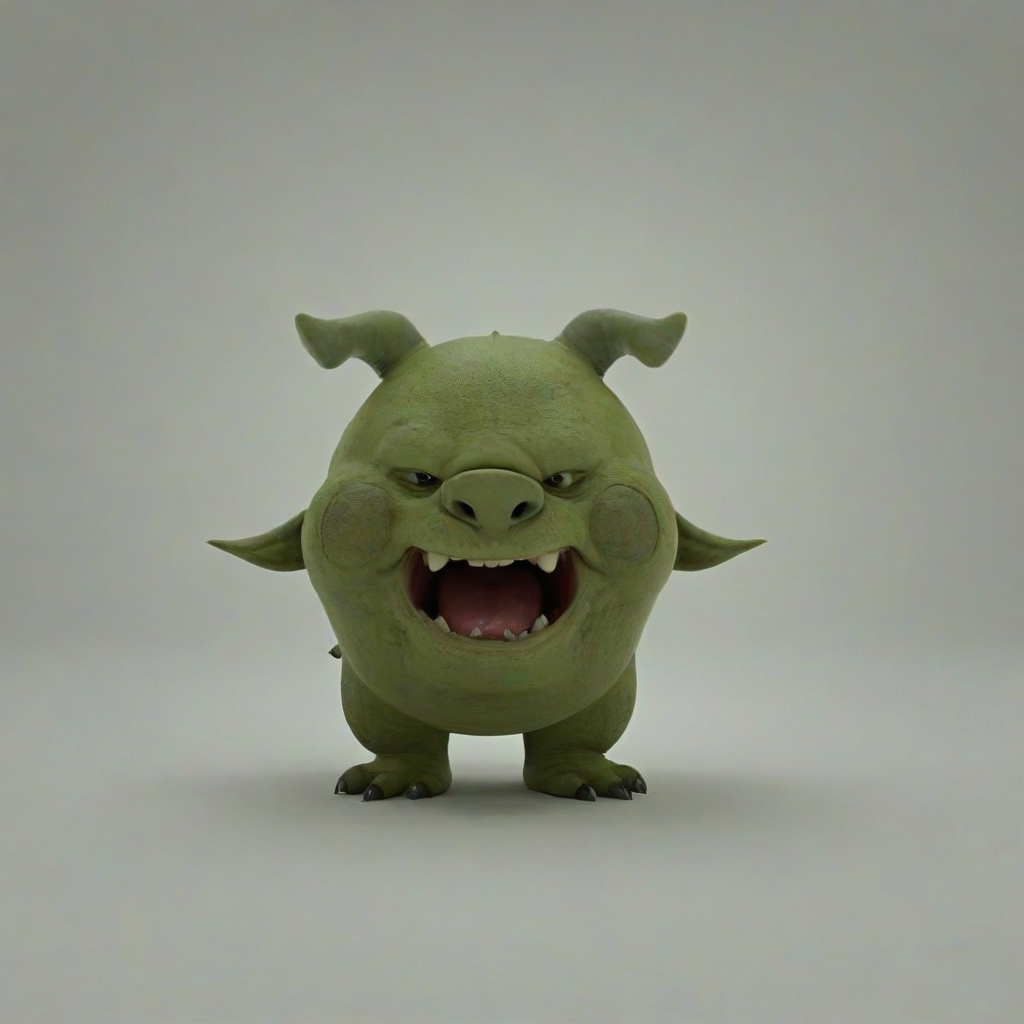 animation style, olive green ogre, with a pig nose, big pointy ears, large fangs, rounded features, kid friendly, on a plain white background, even lighting
