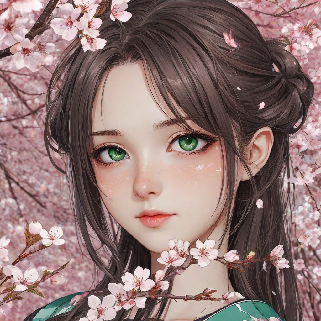 Anime girl's face, heterochromia, dark brown and green eyes, cherry blossom patterns