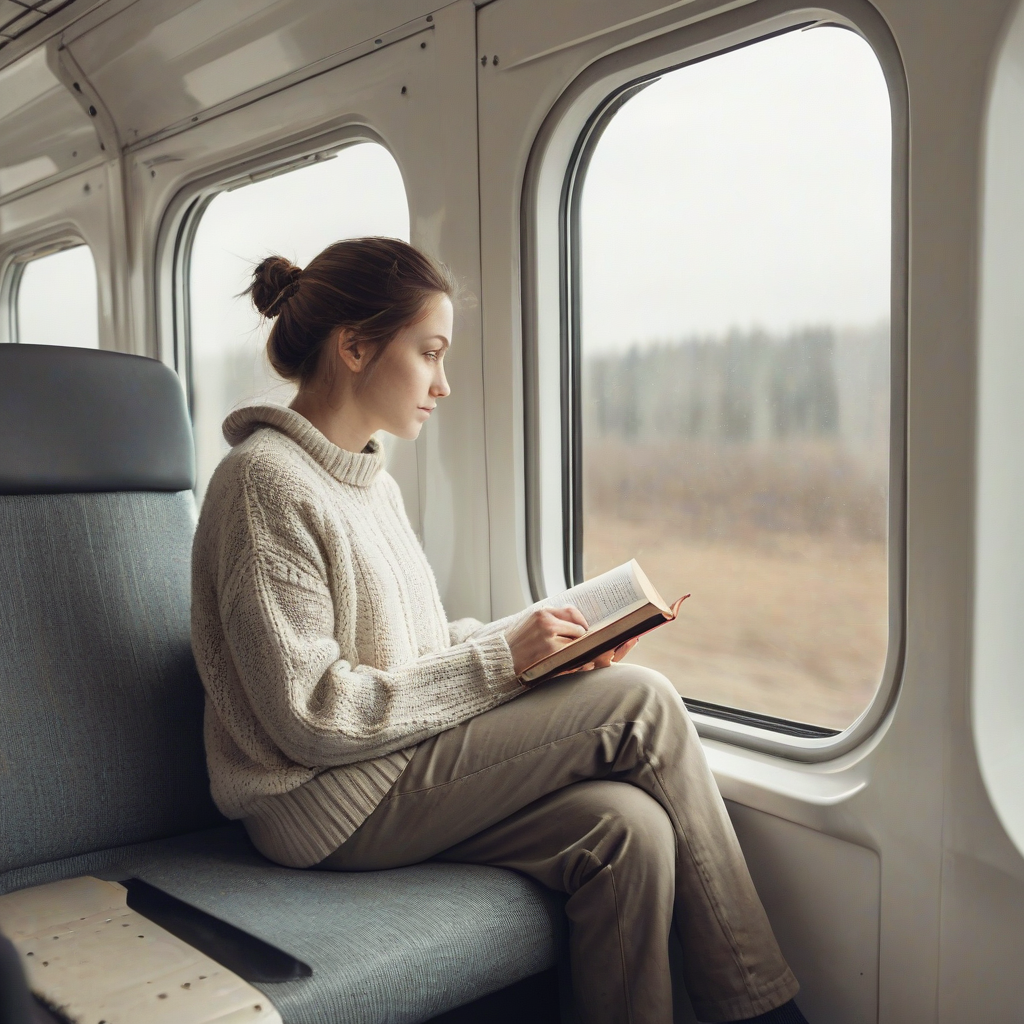 A lone passenger sitting by the window on a train, looking out at the passing countryside, with a thoughtful expression, wearing a cozy sweater and holding a book, in a warm and inviting digital art style, with soft lighting and a shallow depth of field, in a full-body view, with feet visible, on a plain white background, on a plain white background, even lighting