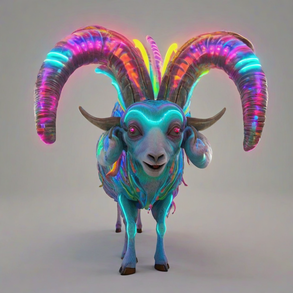 3D animated creature with small eye, large mouth, ram horns, vivid neon colors, bright lighting, mystical appearance, happy expression, on a plain white background, even lighting