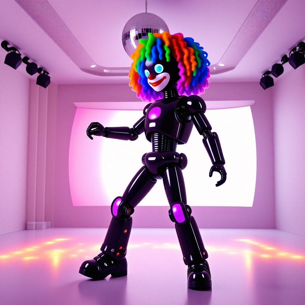 A full-body view of a dancing black robot with purple accents wearing a rainbow clown wig, in a well-lit disco room with a disco ball hanging from the ceiling, wide shot, feet visible, with a dynamic lighting effect and a sense of movement, in the style of digital art, with vibrant colors and bold lines