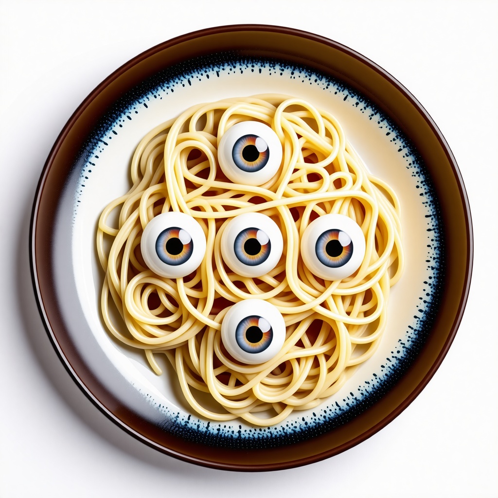 A plate of spaghetti with six eyeballs in it
