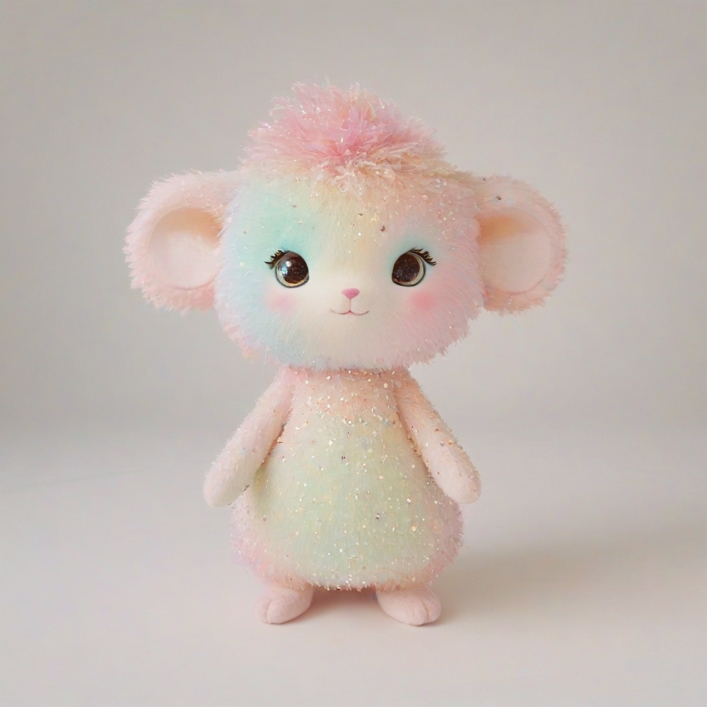 A cute fantasy creature, full-body view, with pastel colors, sparkles, and a soft, fluffy texture, standing on a plain white background, with a wide-angle shot and dynamic shadows, in a whimsical, dreamy illustration style