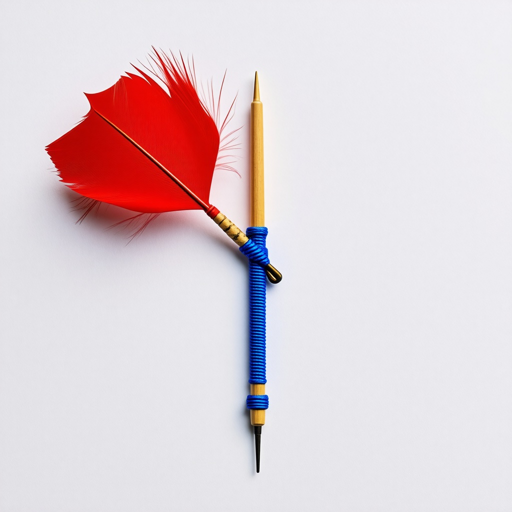 wood dart with red feather and blue string wrapped around the middle