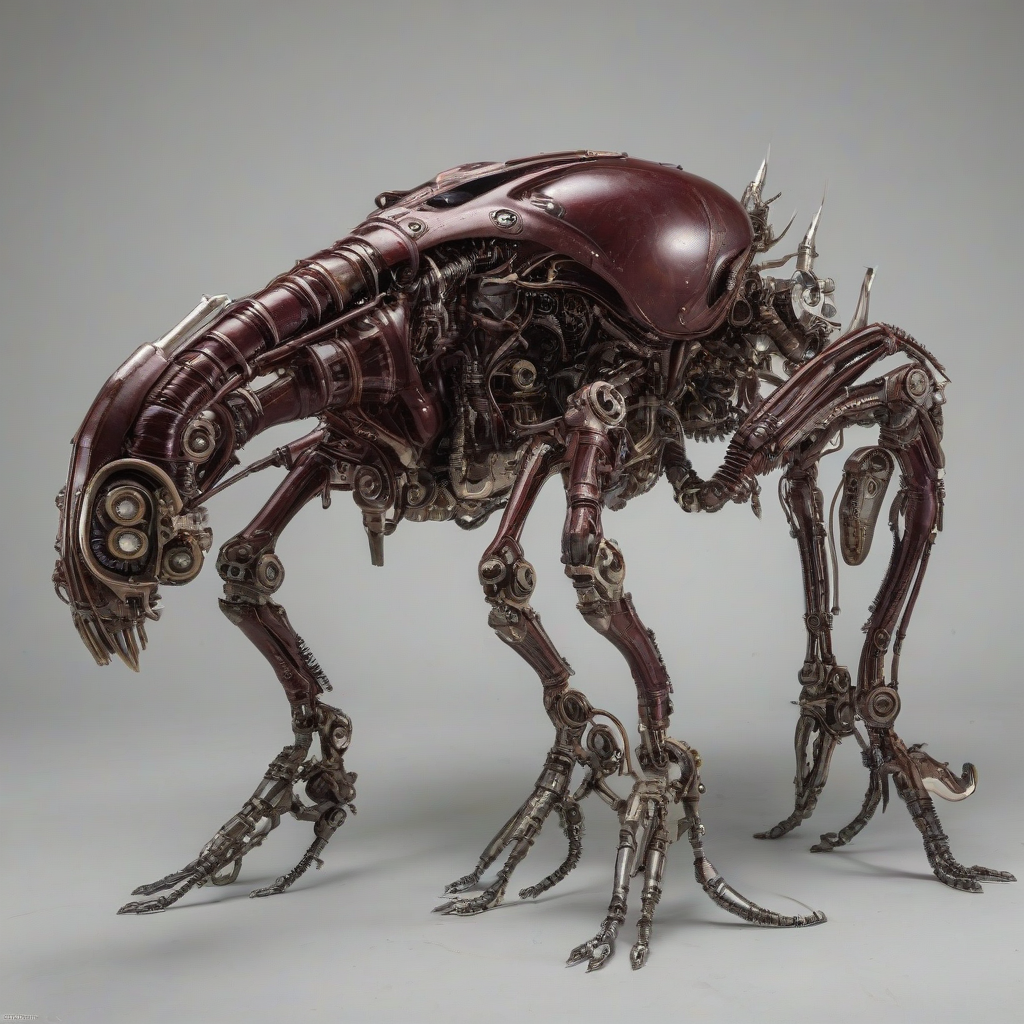 A maroon-colored, biomechanical creature with visible metallic limbs and organic tissue, in a full-body view, with a Dieselpunk aesthetic, on a plain white background, with dynamic shadows and a hard rim light, in a wide-angle shot, with a focus on the creature's intricate mechanical details